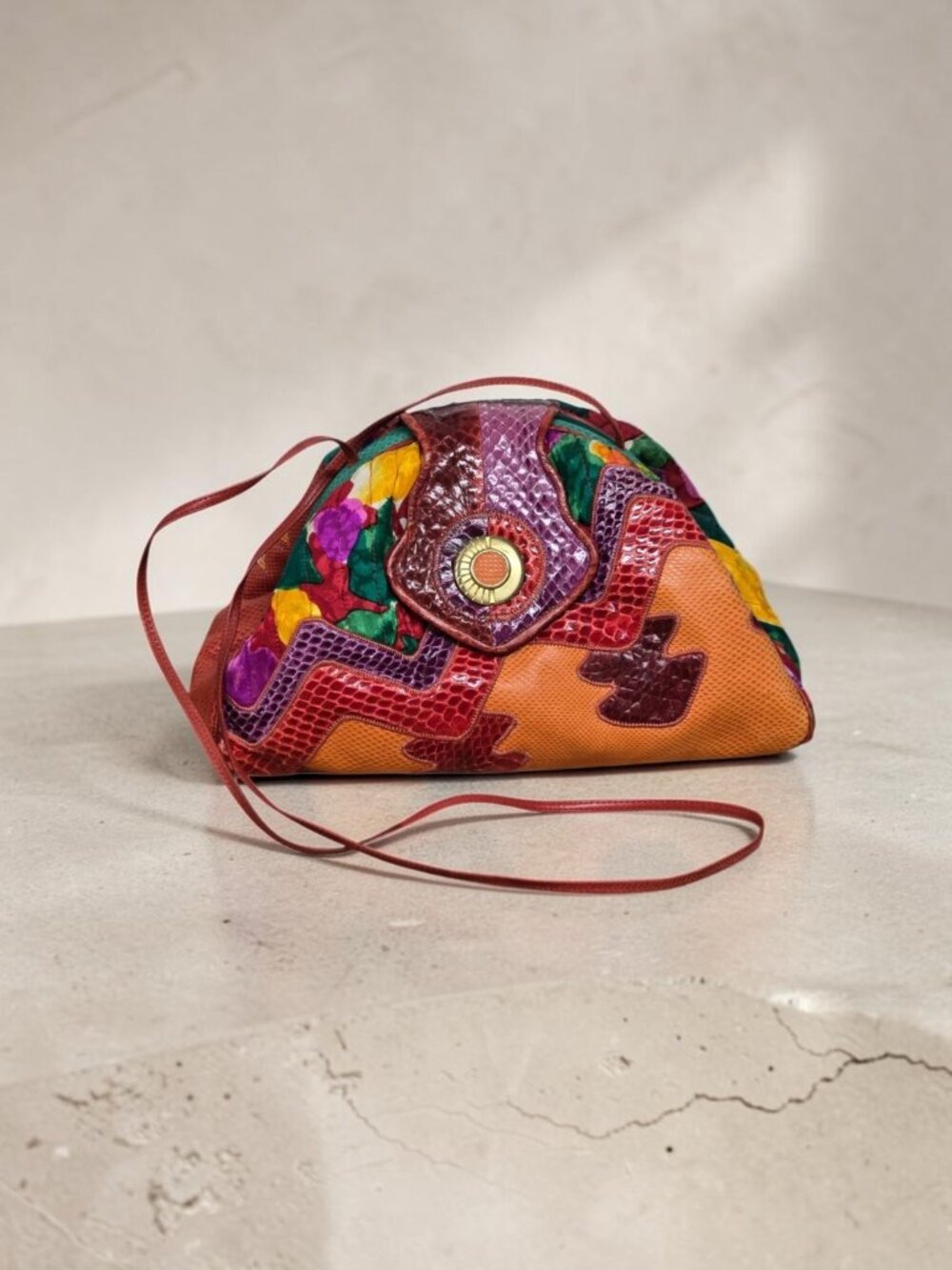 Vntg Sharif Multicolor Patchwork Clamshell Mixed Media Wearable Art Purse 80s